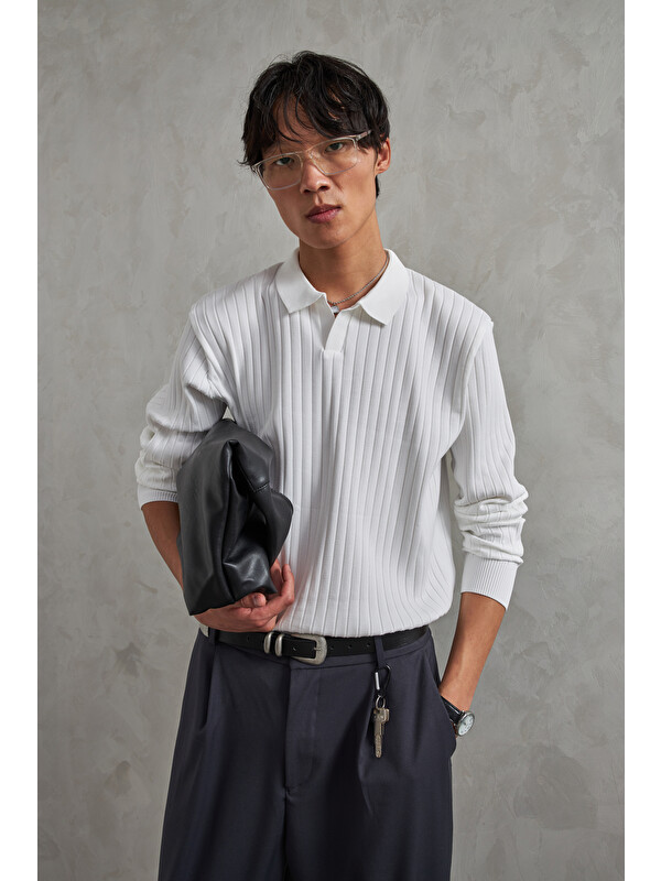 HYMAN Erkek Polo Yaka Fitilli Oversize Triko Kazak