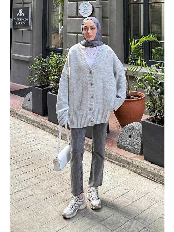 Lamelif Salaş Dokulu Basic Hırka Gri