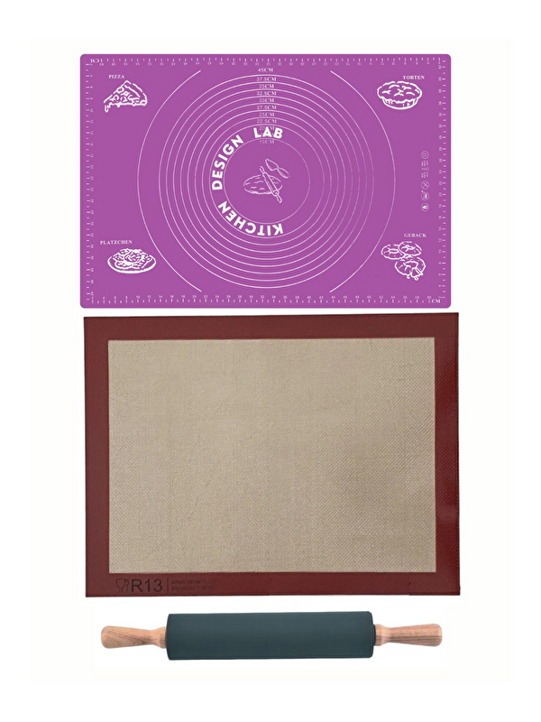Kitchen Design Lab 1. Sınıf Fırın Pişirme Altlığı, Mor Ölçülü Hamur Açma Matı 45 X 65 Cm, Bambu Saplı Silikon Merdane
