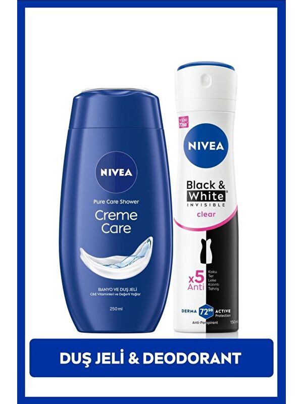NIVEA Creme Care Nemlendirici Duş Jeli 250ml ve Kadın Sprey Deodorant Black&White Invisible Clear 150ml