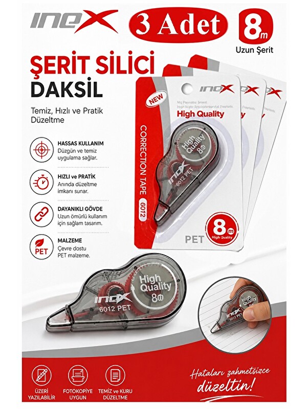 Artlantis Şerit Daksil Beyaz 5mmx8 Metre 3 Adet İnox Şerit Düzeltici Şerit Silici Yazı Silici Büro Ofis Okul