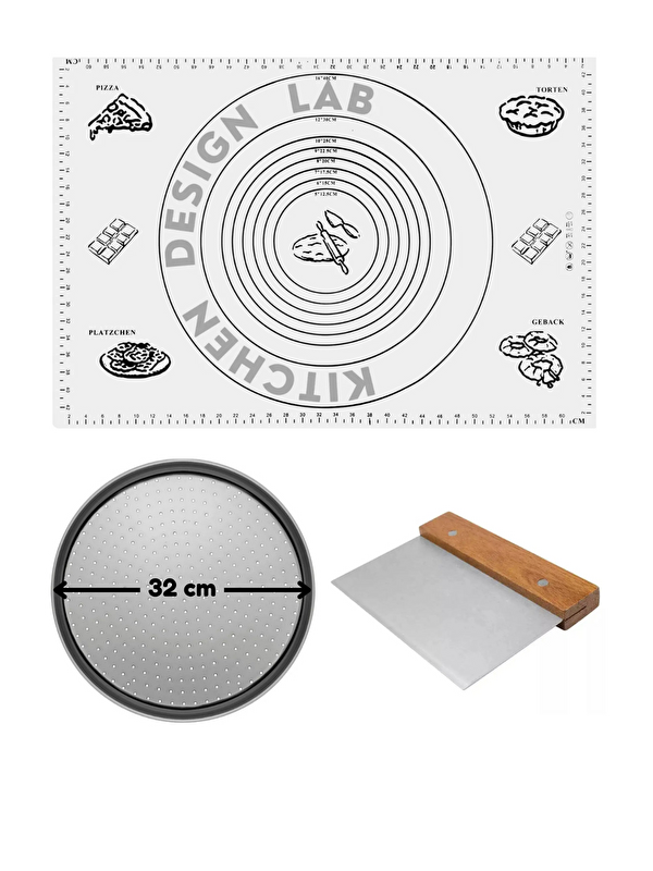 Kitchen Design Lab Beyaz Silikon Hamur Açma Matı 45 X 65 Cm, 32 Cm Pizza Tepsisi Ve Ahşap Saplı Hamur ve Pizza Kesici