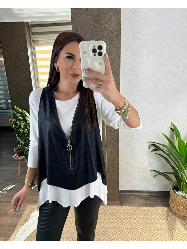 Jane's Kadın Uzun Kollu Asimetrik Kesim Viskon Bluz Ve çatlak Deri Görünümlü Yelek Ikili Takım