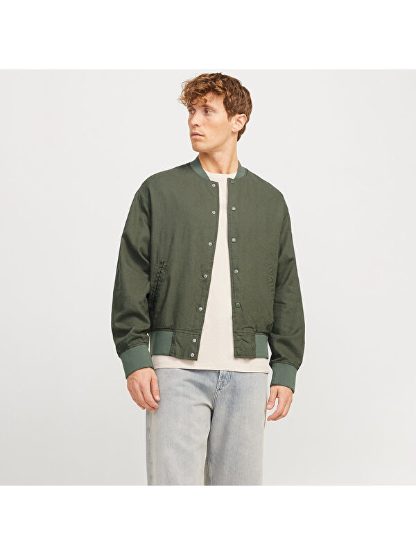 Jack & Jones Ario Linen Bomber Erkek Haki Yuvarlak Yaka Ceket