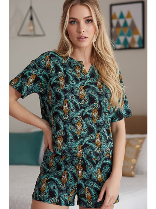 Siyah İnci Elastanlı Örme T-Shirt-Şort Pijama Takım