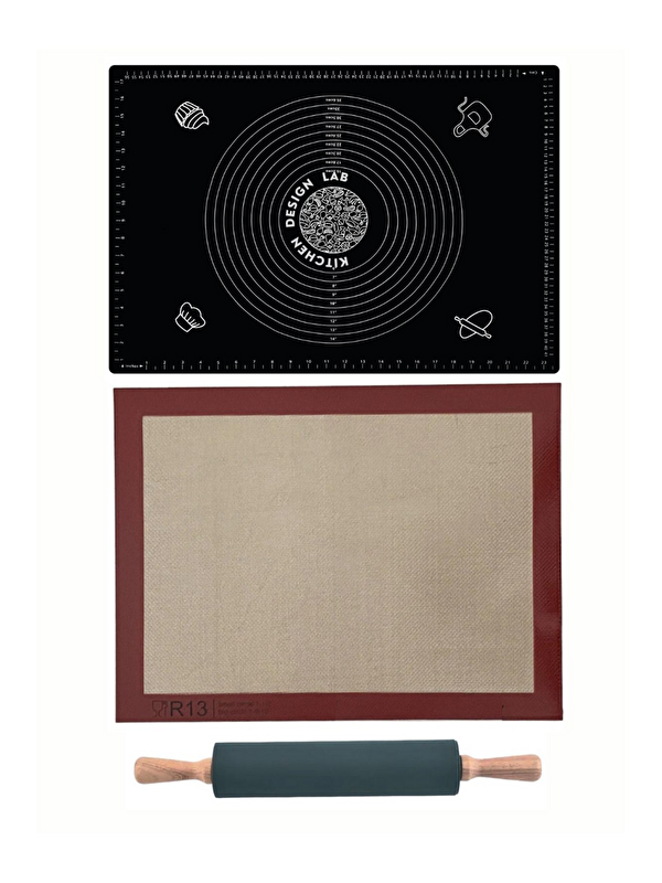 Kitchen Design Lab 1. Sınıf Fırın Pişirme Altlığı, Siyah Ölçülü Hamur Açma Matı 45 X 65 Cm, Bambu Saplı Silikon Merdane