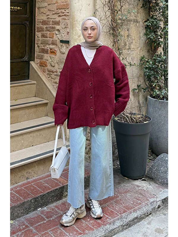 Lamelif Salaş Dokulu Basic Hırka Bordo