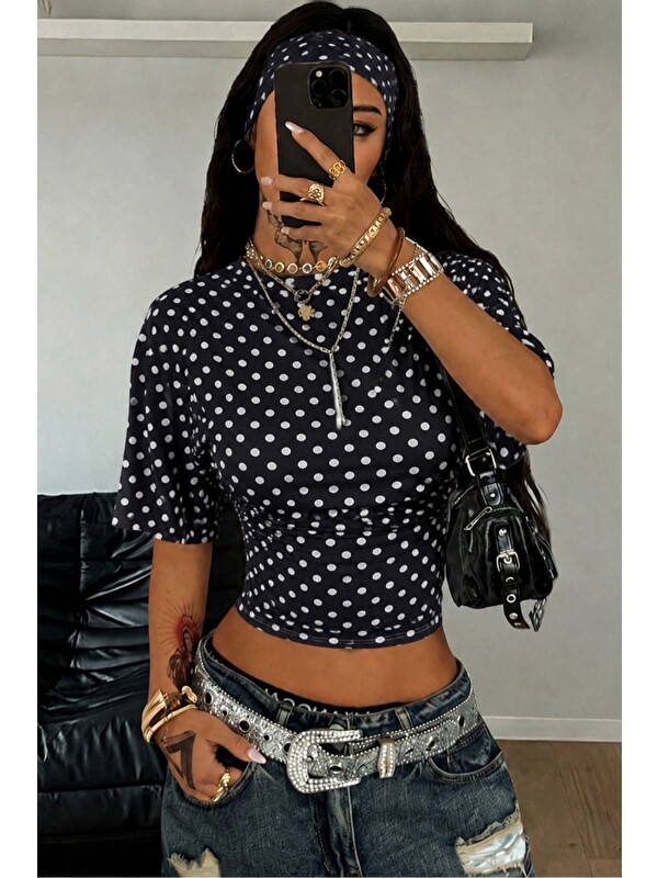 Tarz Cool Kadın Puantiyeli Crop T-Shirt Bandanalı Y2K Fit Tişört Streetwear