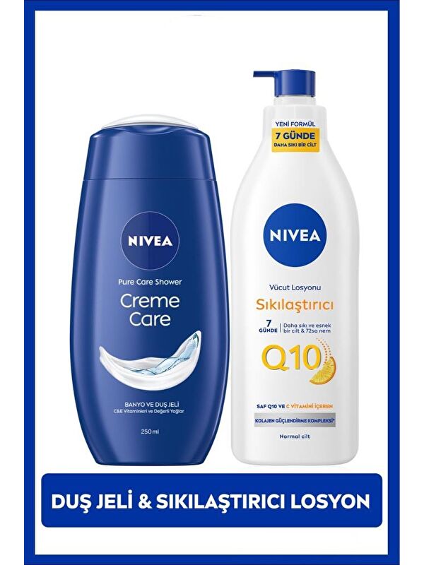 NIVEA Creme Care Nemlendirici Duş Jeli 250ml ve Q10 Sıkılaştırıcı Vücut Bakım Losyonu 400ml, C Vitamini