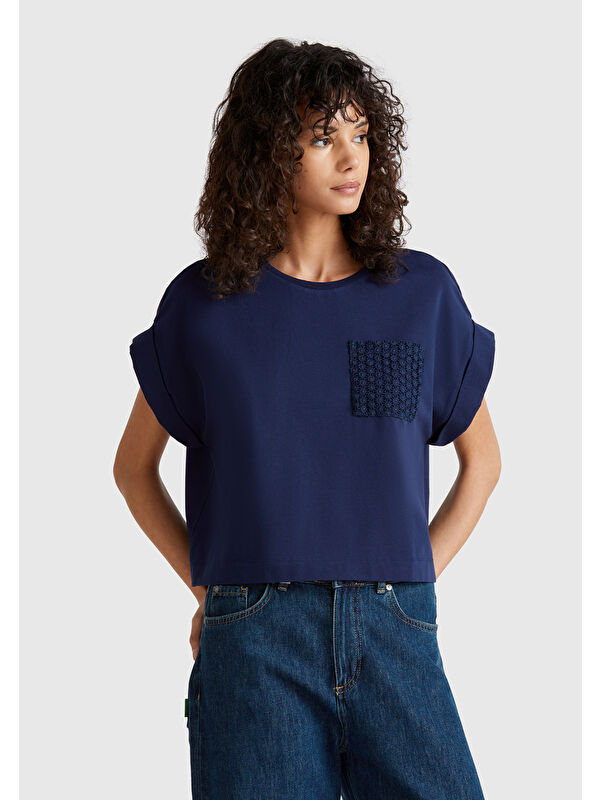 United Colors Of Benetton Kadın Lacivert Dantel Detaylı Kısa Kol Esnek T-Shirt