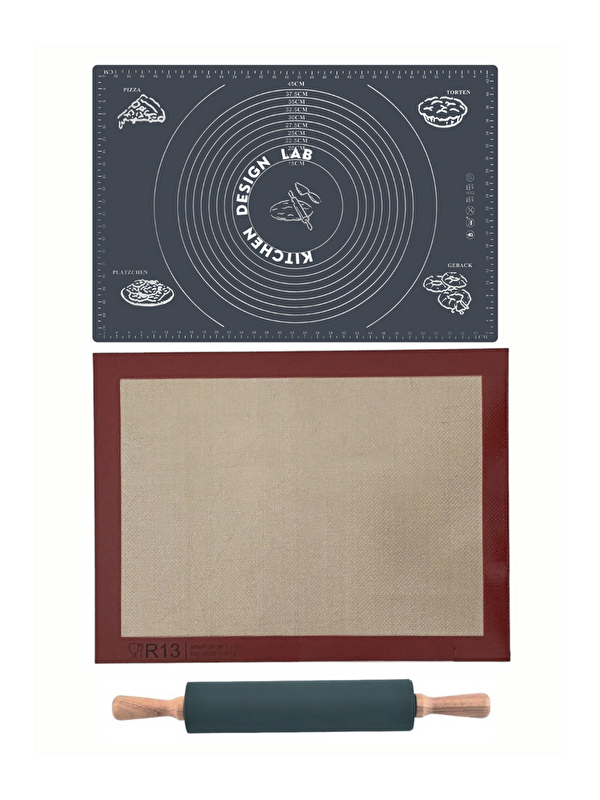 Kitchen Design Lab 1. Sınıf Fırın Pişirme Altlığı, Gri Ölçülü Hamur Açma Matı 45 X 65 Cm, Bambu Saplı Silikon Merdane
