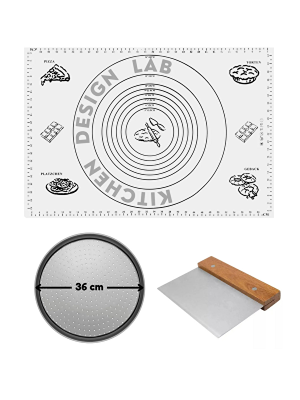 Kitchen Design Lab Beyaz Silikon Hamur Açma Matı 45 X 65 Cm, 36 Cm Pizza Tepsisi Ve Ahşap Saplı Hamur ve Pizza Kesici