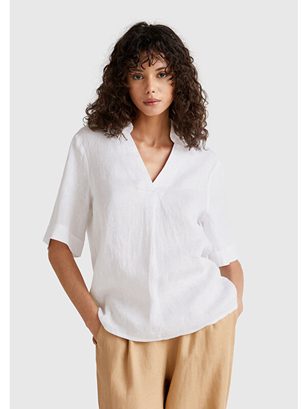 United Colors Of Benetton Kadın Beyaz %100 Keten Relax Fit V Gömlek Yakalı Kısa Kollu Bluz