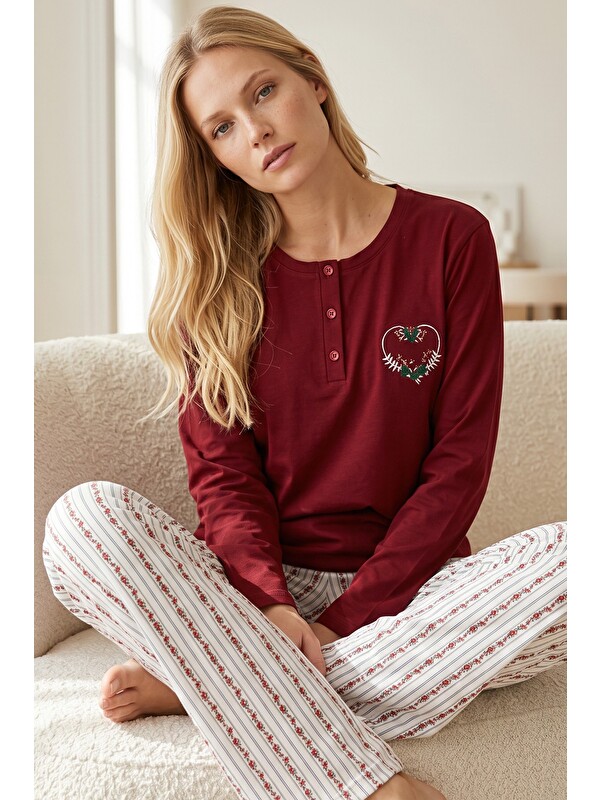 Siyah İnci Nakışlı Düğmeli Pamuklu Elastanlı Örme Pijama Takım26240355