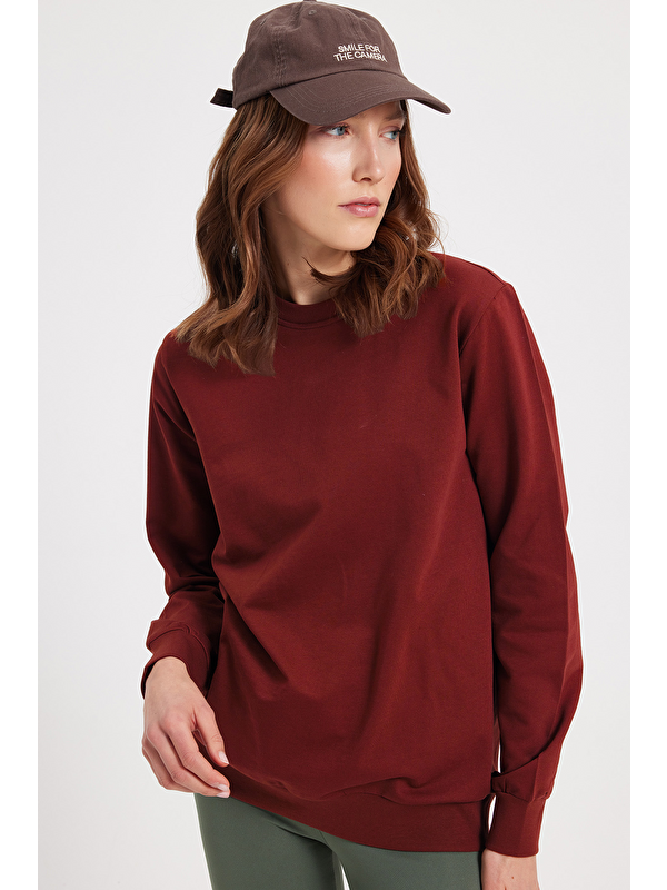 TUDORS Kadın Oversize Geniş Kesim %100 Pamuk 2 İplik Bisiklet Yaka Bordo Sweatshirt