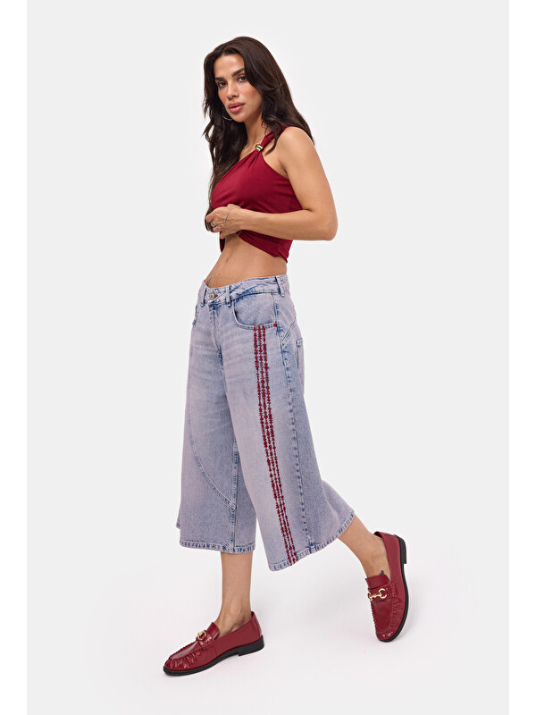 It's Basic Kadın Jean Rengi 4s6-98 Süper Baggy Nakışlı Özel Tasarım Jort