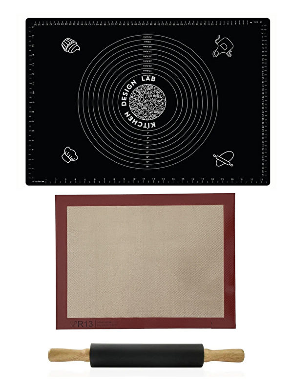 Kitchen Design Lab 1. Sınıf Pişirme Altlığı Ölçülü Hamur Açma Matı 45 X 65 Cm Siyah, Dönerli Merdane, 3lü Set