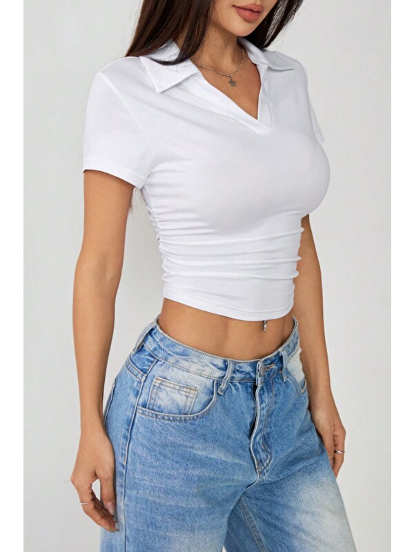 Tarz Cool Kadın Slim Polo Yaka Crop Esnek Kumaş Günlük Basic Tişört