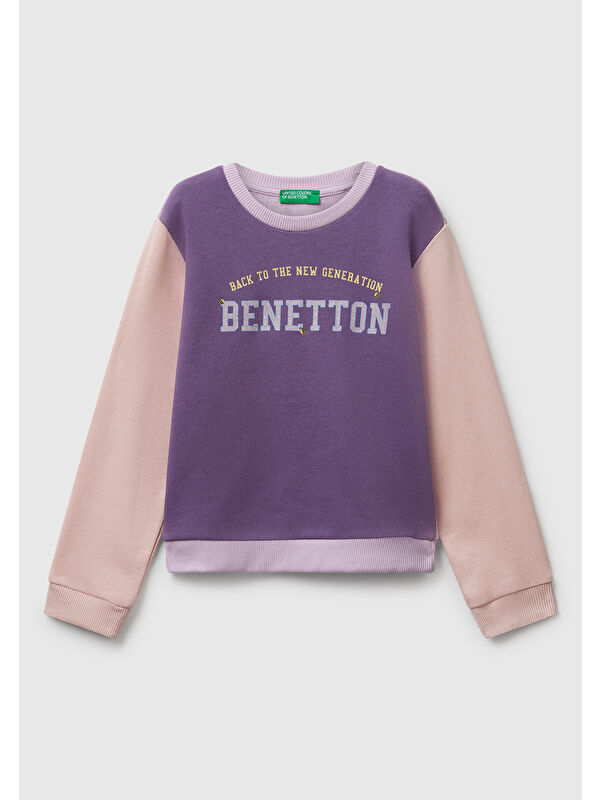 United Colors Of Benetton Kız Çocuk Lila-Fuşya-Bej Önü Simli Logo Baskılı Nervürlü Regular Fit Sweatshirt