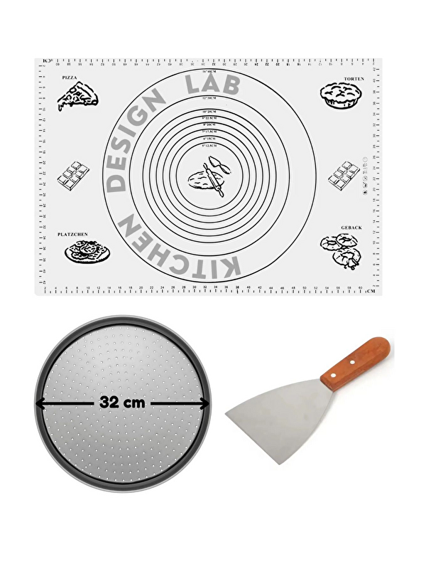Kitchen Design Lab Beyaz Hamur Açma Matı 45 X 65 Cm, 32 Cm Pizza Tepsisi Ve Ahşap Uzun Saplı Hamur ve Pizza Kesici