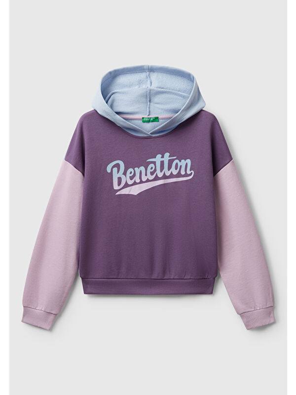 United Colors Of Benetton Kız Çocuk Mor-Mavi Önü Logo Baskılı Ribanalı Kapüşonlu Sweatshirt