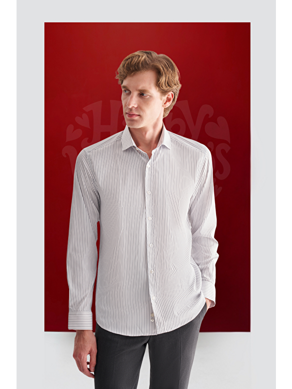 İMZA Beyaz Yarım İtalyan Yaka Uzun Kol Cepsiz Slim Fit Cls Gömlek 1004255174