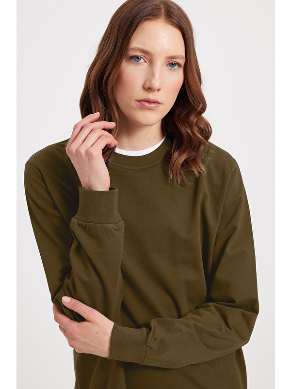 TUDORS Kadın Oversize Geniş Kesim %100 Pamuk 2 İplik Bisiklet Yaka Haki Sweatshirt