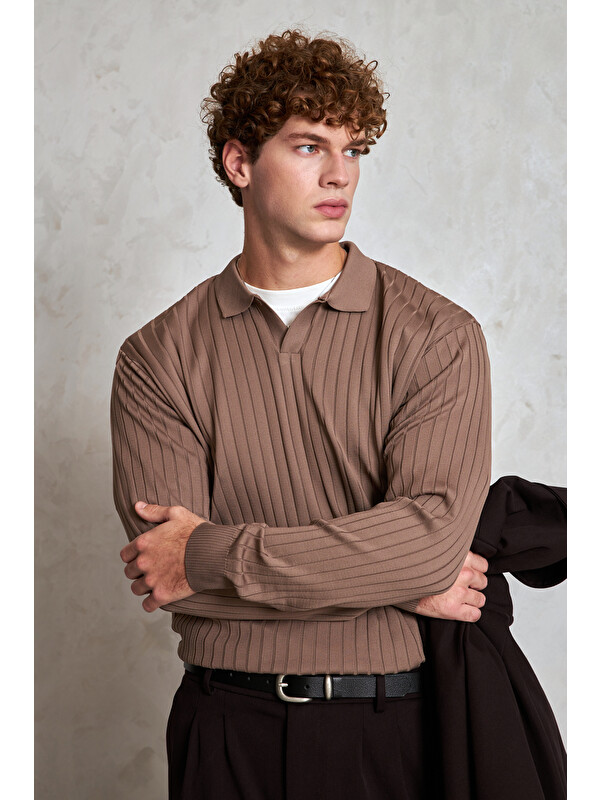 HYMAN Erkek Polo Yaka Fitilli Oversize Triko Kazak