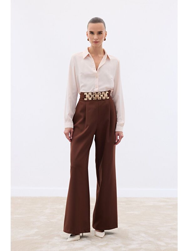 SATEEN Kemerli Salaş Pantolon - Kahve