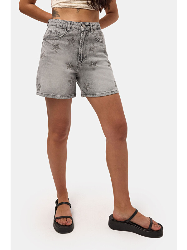 It's Basic Kadın Füme T-4s6-12 Mom Relax Yıldız Detaylı Tasarım Denim Şort