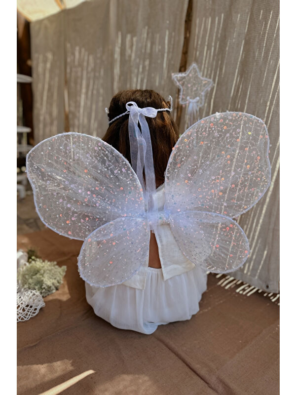 Le Mabelle Beyaz Pullu Boncuklu 3'lü Kelebek Kanat Asa Taç Set