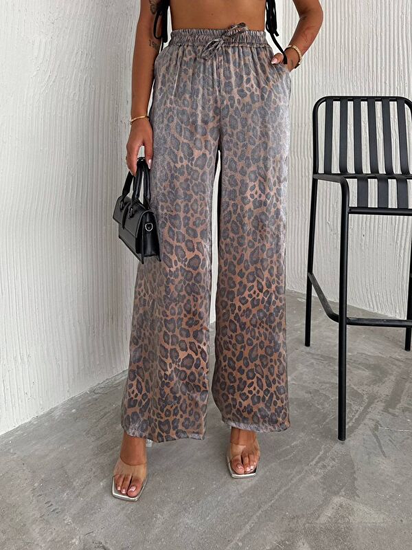 carla10 Kadın Leopar Desenli Beli Lastikli Bol Paça Pantalon