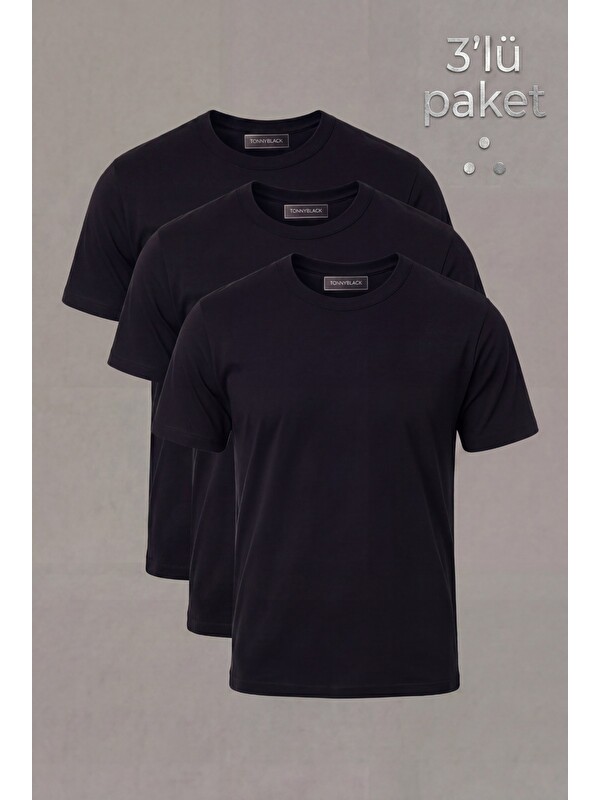 TONNY BLACK Erkek Siyah 3'Lü Paket %100 Pamuk Siyah T-Shirt