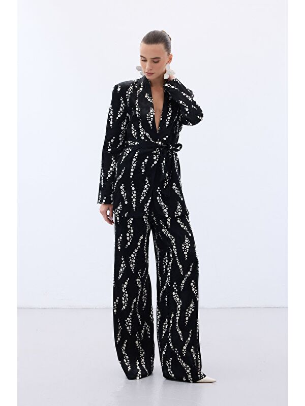 SATEEN Desenli Bol Paça Pantolon - Siyah