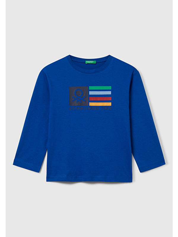 United Colors Of Benetton Erkek Çocuk Saks Mavisi Çok Renkli Logo Baskılı Bisiklet Yaka Uzun Kollu T-Shirt