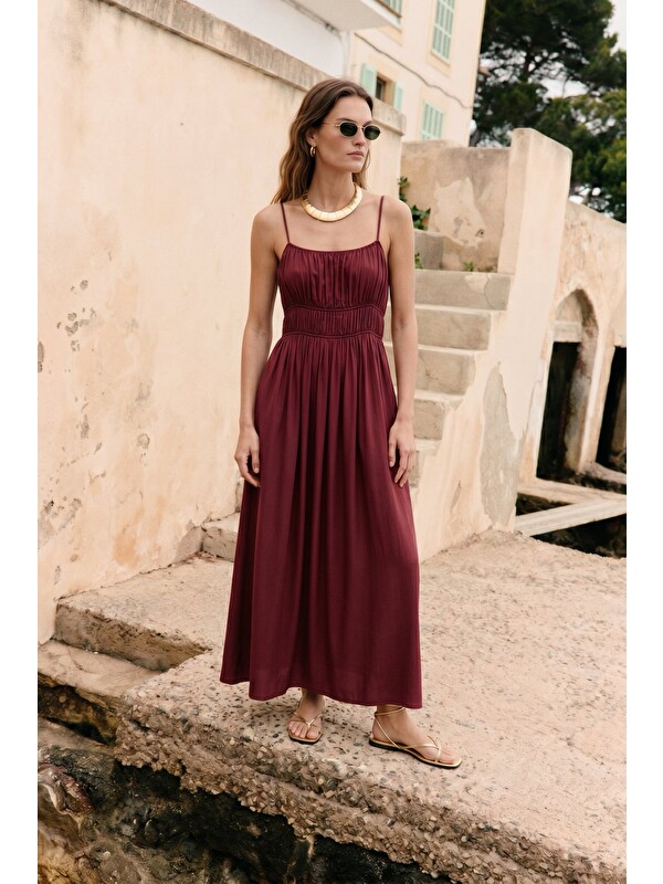 SATEEN Askılı Uzun Elbise - Bordo