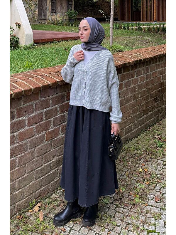 Lamelif Crop V Yaka Hırka Gri