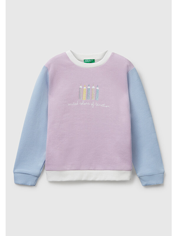 United Colors Of Benetton Kız Çocuk Lila-Krem Önü Simli Logo Baskılı Nervürlü Regular Fit Sweatshirt