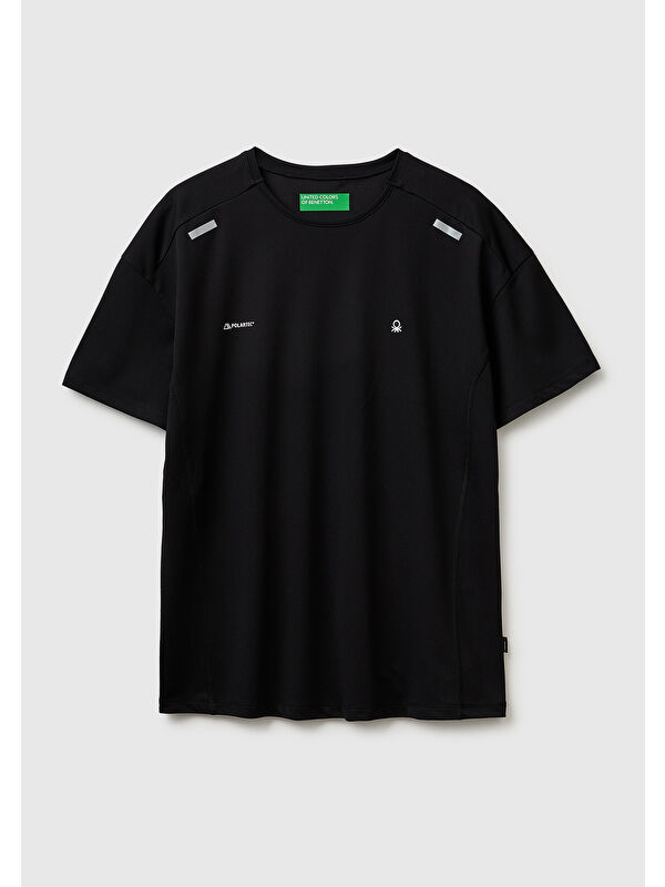 United Colors Of Benetton Erkek Siyah  Reflektif Baskılı Logolu Bisiklet Yaka T-Shirt