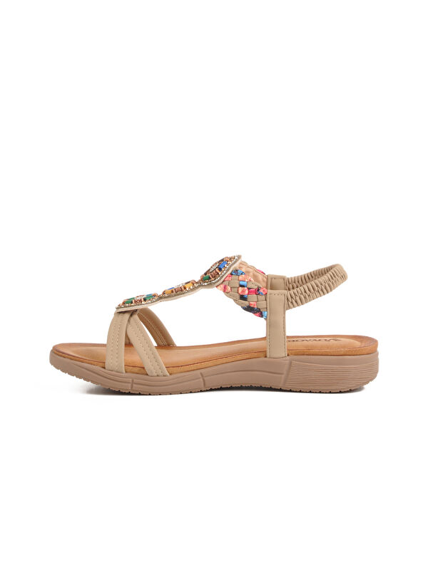 Bej Hakiki Deri Taş İşlemeli Hafif Kadın Sandalet B096 Z - Görsel 3