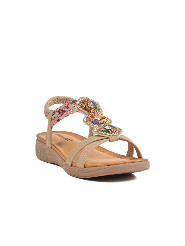 Bej Hakiki Deri Taş İşlemeli Hafif Kadın Sandalet B096 Z - Görsel 4