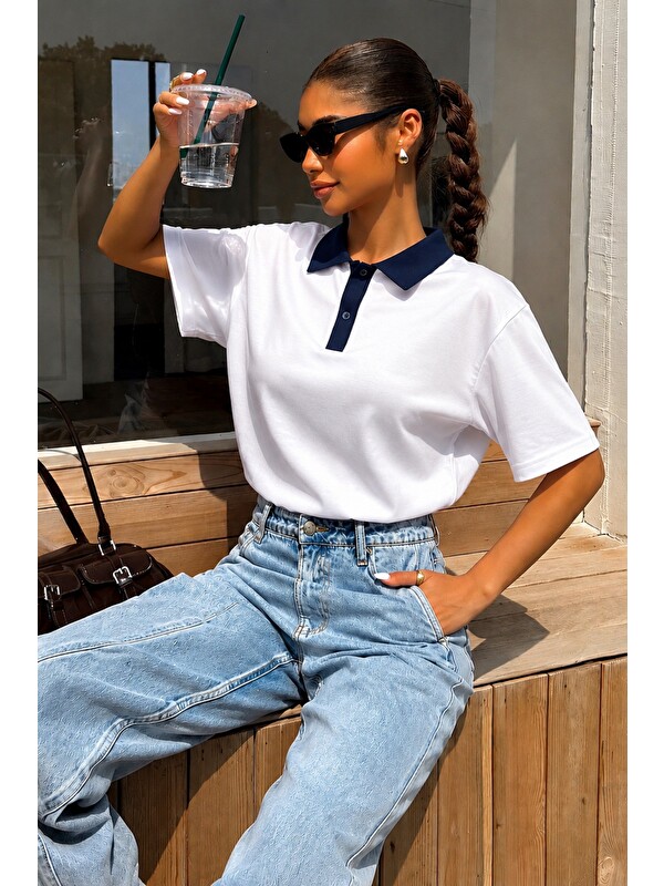 Tarz Cool Kadın Polo Yaka Tişört Regular Fit Kısa Kollu Günlük Basic Tişört
