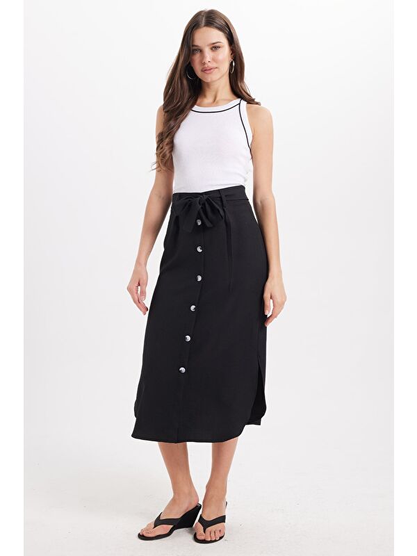 TUDORS Kadın Slim Fit Dar Kesim Pileli Pamuklu Ön Düğme Kapamalı Kuşaklı Yırtmaçlı Siyah Etek