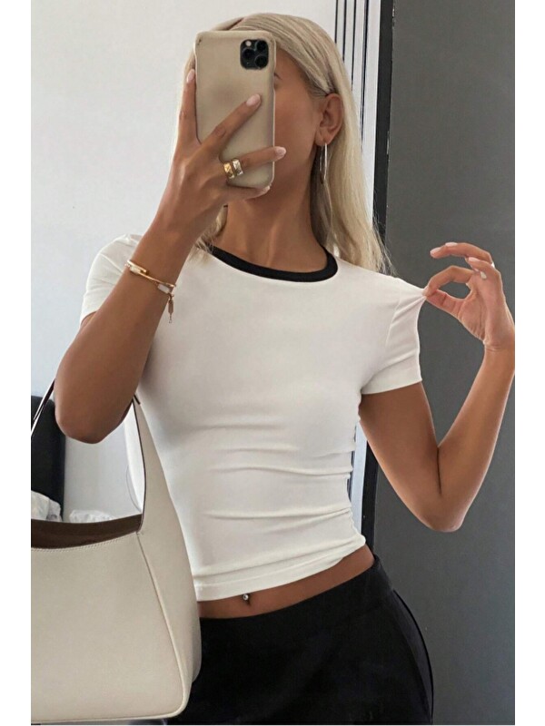 Tarz Cool Kadın Dar/Slim Bisiklet Yaka Kontrast Ribanalı Elastanlı Pamuk Basic Tişört