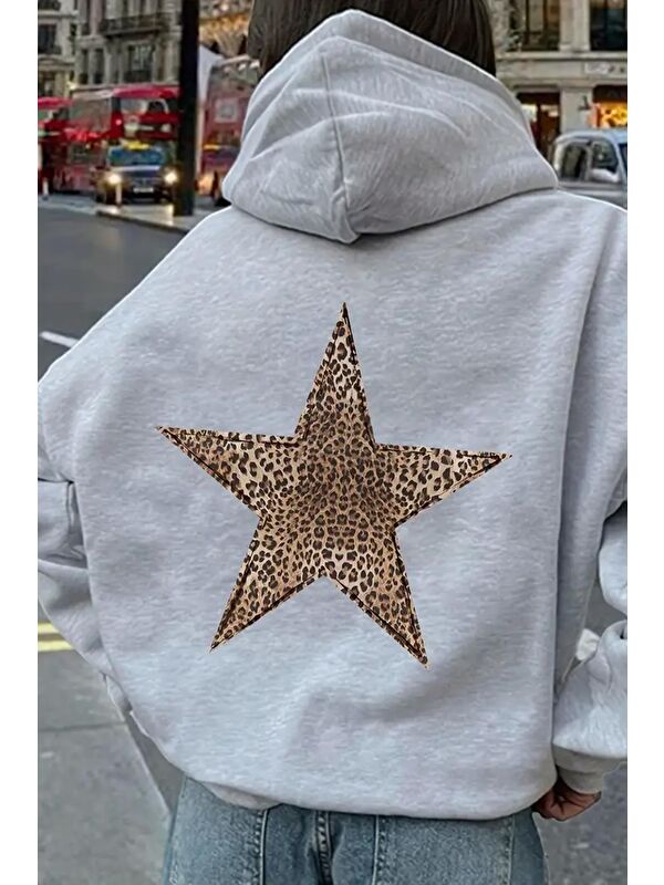 Oksit Leopar Stars Sırt Yıldız Baskılı İçi Pamuklu Unisex Sweatshirt
