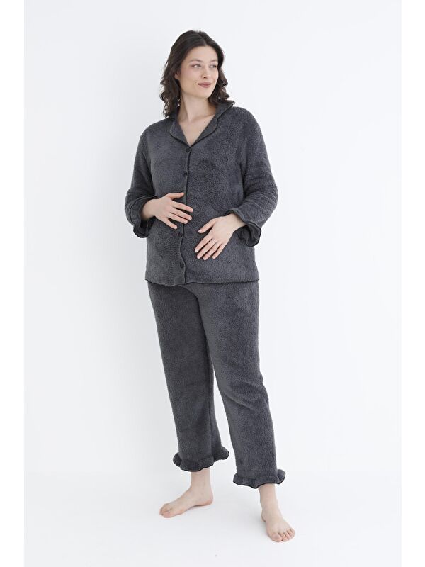 MİSS DÜNYA LİSSA Füme Önden Düğmeli Hamile ve Lohusa Pelüş Pijama Takımı