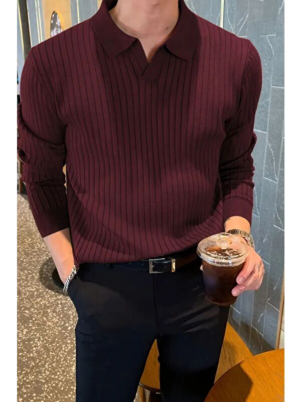 HYMAN Erkek Polo Yaka Fitilli Oversize Triko Kazak