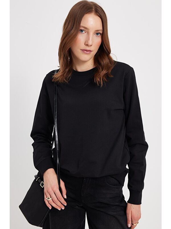 TUDORS Kadın Oversize Geniş Kesim %100 Pamuk 2 İplik Bisiklet Yaka Siyah Sweatshirt