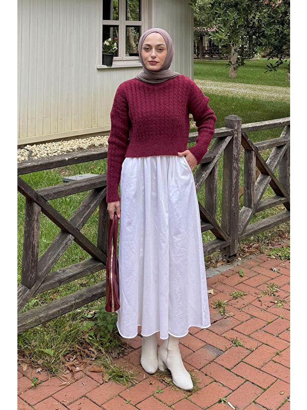 Lamelif Crop Triko Kazak Bordo
