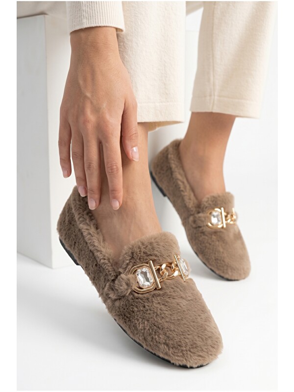 Slipcat Kadın Gold Zincir, Kristal Taş Detaylı Pelüş Ev İçi Babet